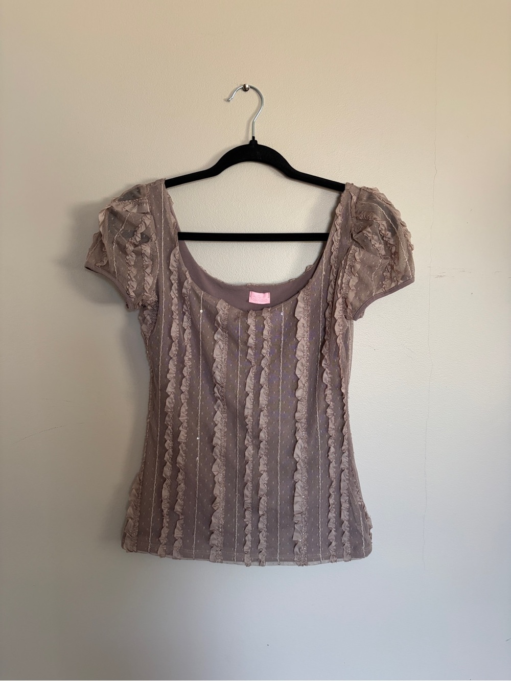 Y2K Light Brown Fairycore Puff Sleeve Swiss Dot Ruffle Lace Top - Picture 6 of 11